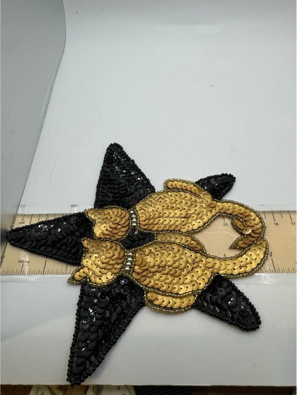 Sequined & Beaded Cats And Star Sew On Patch NOS Gold & Black